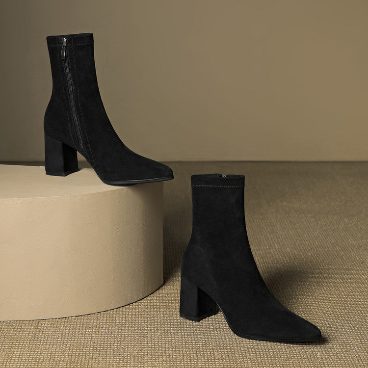 Alora | Women Suede Ankle Boots Block Heel Side Zip