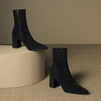 Alora | Women Suede Ankle Boots Block Heel Side Zip