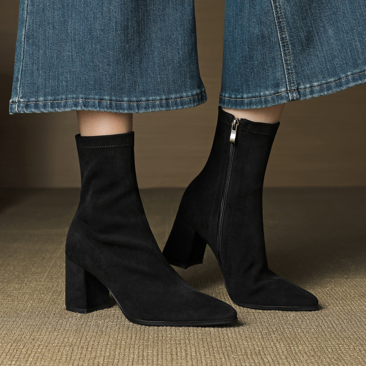 Alora | Women Suede Ankle Boots Block Heel Side Zip