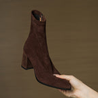 Alora | Women Suede Ankle Boots Block Heel Side Zip