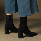 Alora | Women Suede Ankle Boots Block Heel Side Zip