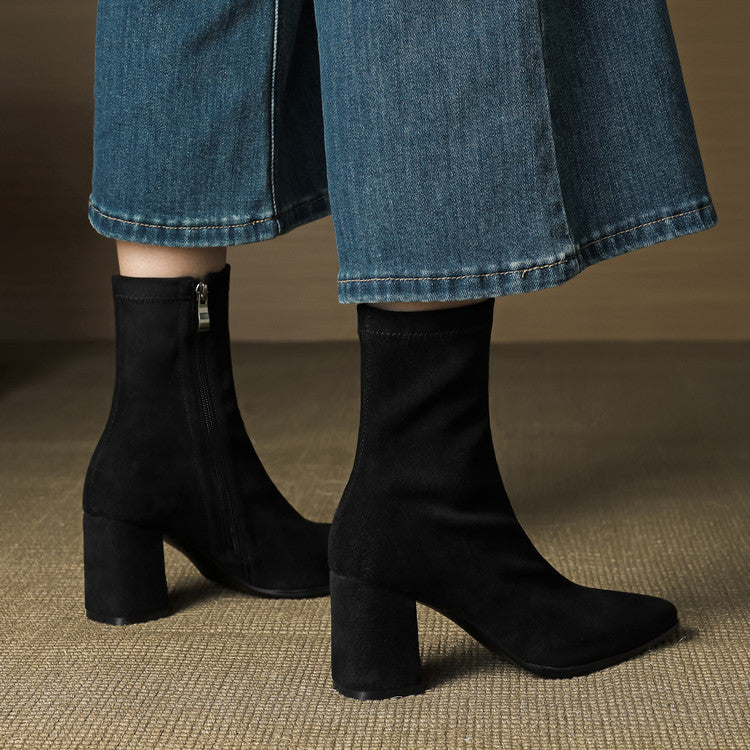 Alora | Women Suede Ankle Boots Block Heel Side Zip