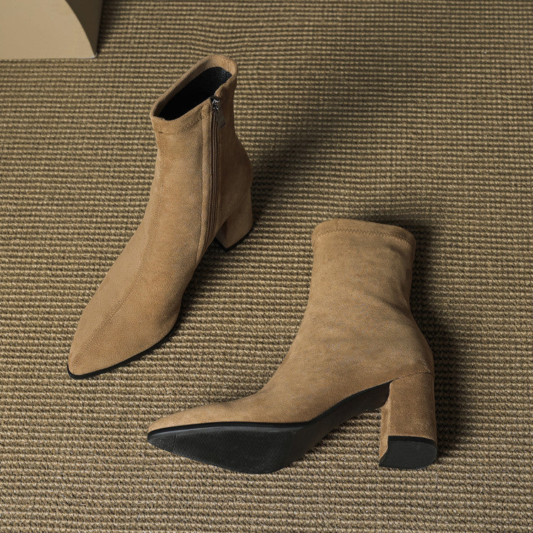 Alora | Women Suede Ankle Boots Block Heel Side Zip