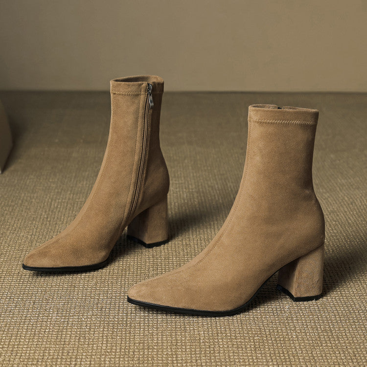 Alora | Women Suede Ankle Boots Block Heel Side Zip