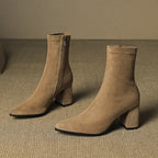 Alora | Women Suede Ankle Boots Block Heel Side Zip
