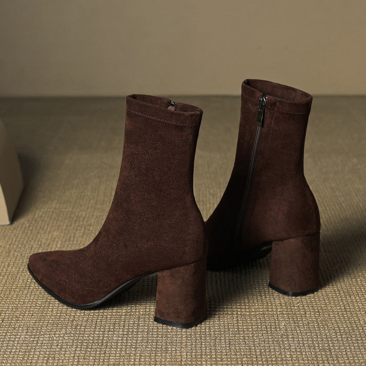 Alora | Women Suede Ankle Boots Block Heel Side Zip