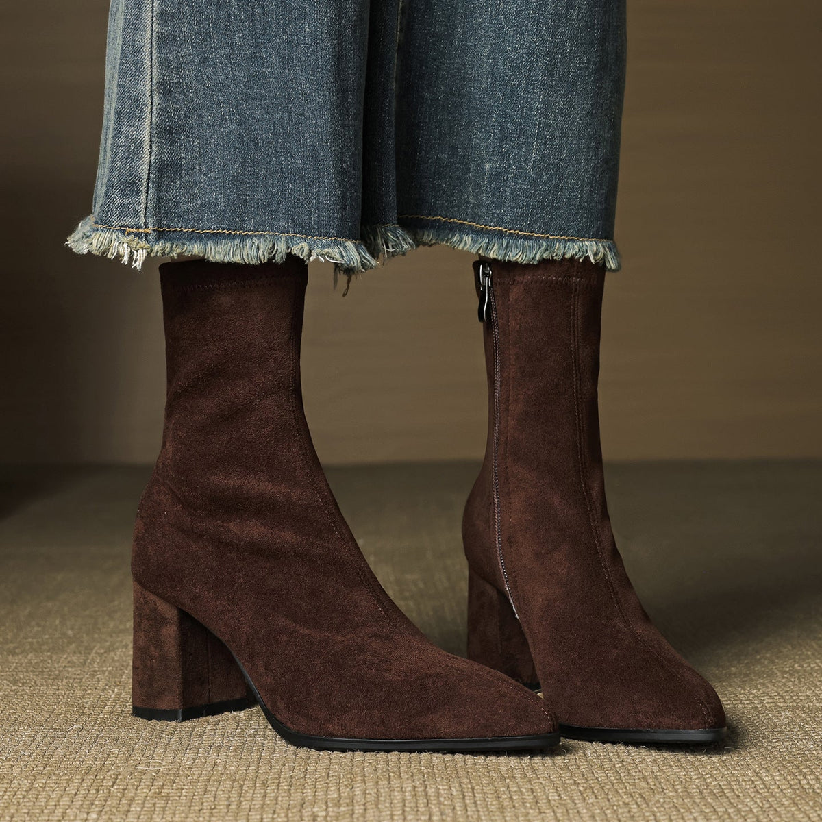 Alora | Women Suede Ankle Boots Block Heel Side Zip