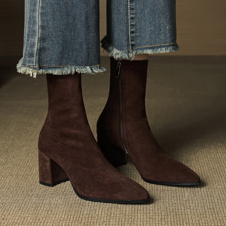 Alora | Women Suede Ankle Boots Block Heel Side Zip