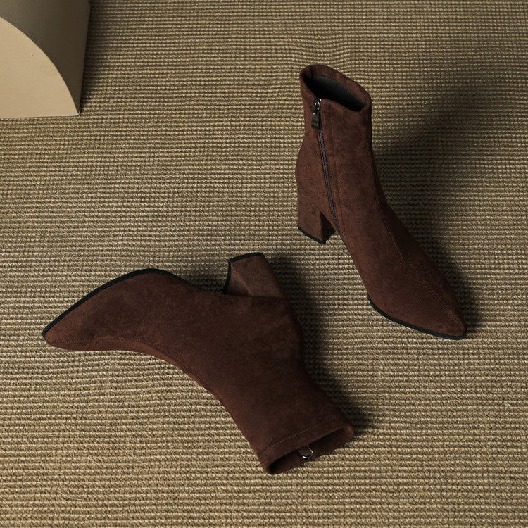 Alora | Women Suede Ankle Boots Block Heel Side Zip