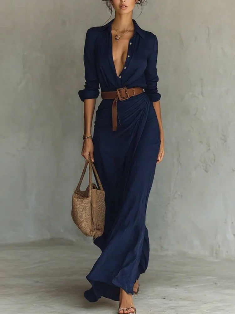Lisette | Women's Collared Maxi Dress with Belt