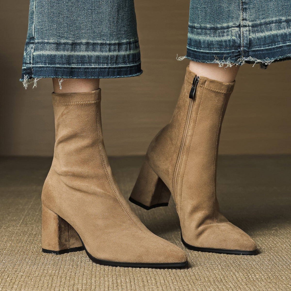 Alora | Women Suede Ankle Boots Block Heel Side Zip