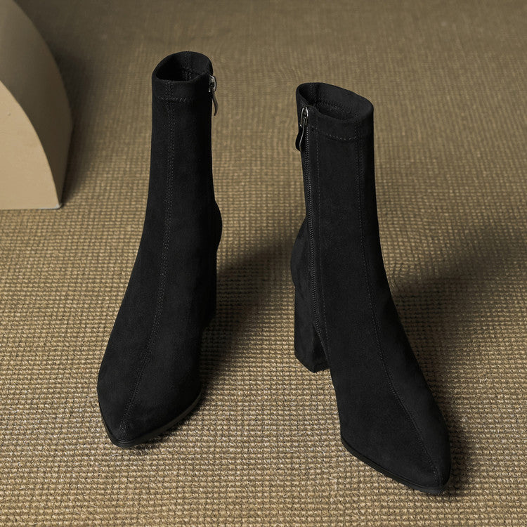Alora | Women Suede Ankle Boots Block Heel Side Zip