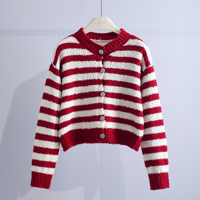 Teenie | Women's Striped Crew Neck Knit Cardigan