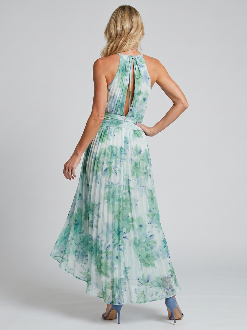 Pleated Halter Soft Floral Midi Dress - Summer Elegant Style for Women