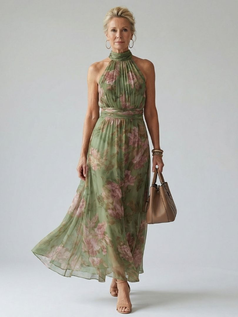 Gathered Halter Midi Dress for Women - Casual Summer Elegant Style