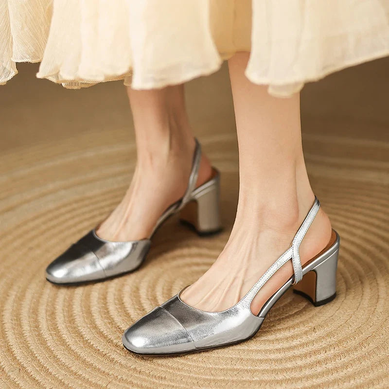 Viviana | Women Leather Slingback Heels Round Toe Block Heel
