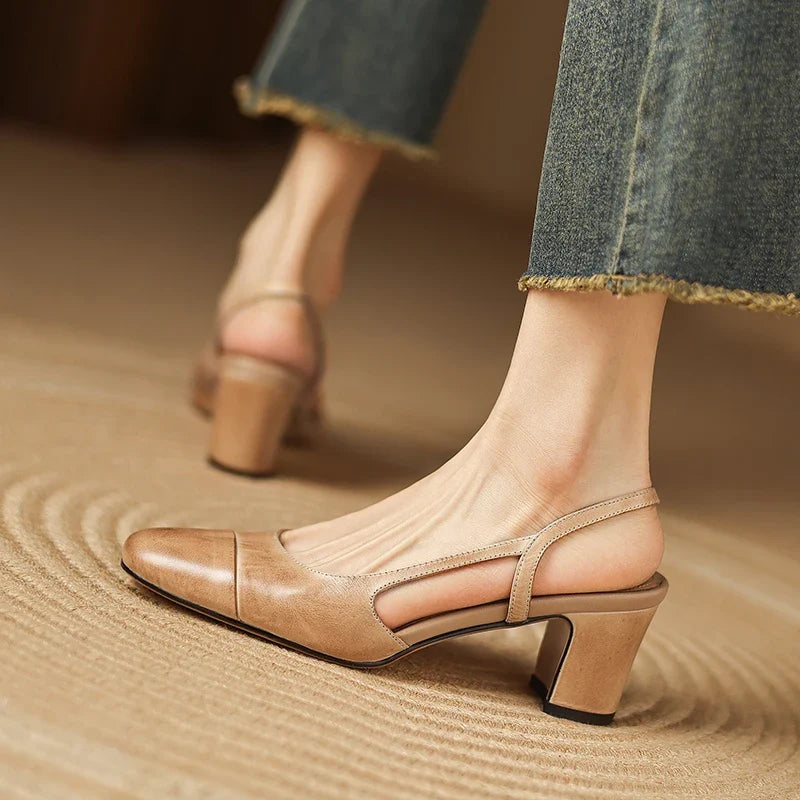 Viviana | Women Leather Slingback Heels Round Toe Block Heel
