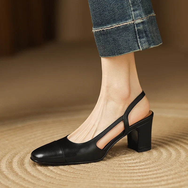 Viviana | Women Leather Slingback Heels Round Toe Block Heel