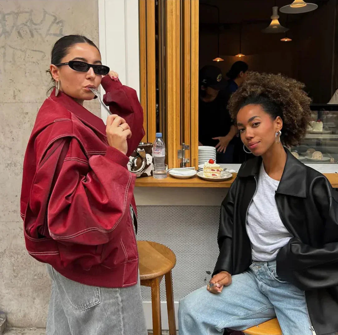 Leone | Women Oversized Faux Leather Bomber Jacket