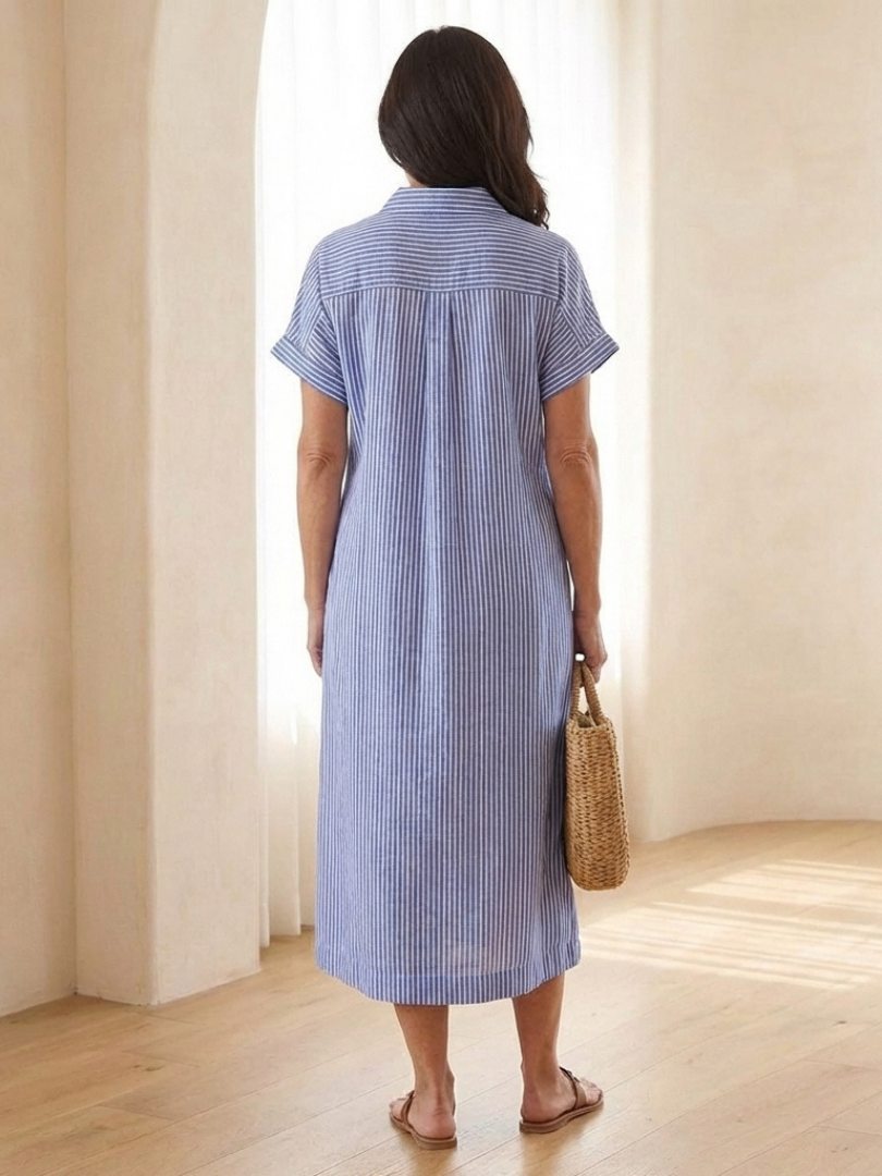 Elegant button front midi dress women striped short sleeve soft style