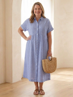 Elegant button front midi dress women striped short sleeve soft style