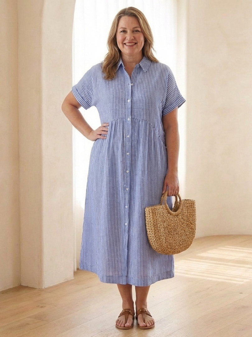 Elegant button front midi dress women striped short sleeve soft style