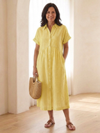 Elegant button front midi dress women striped short sleeve soft style