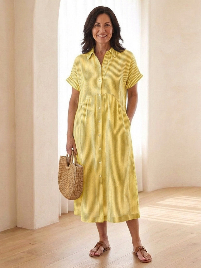 Elegant button front midi dress women striped short sleeve soft style