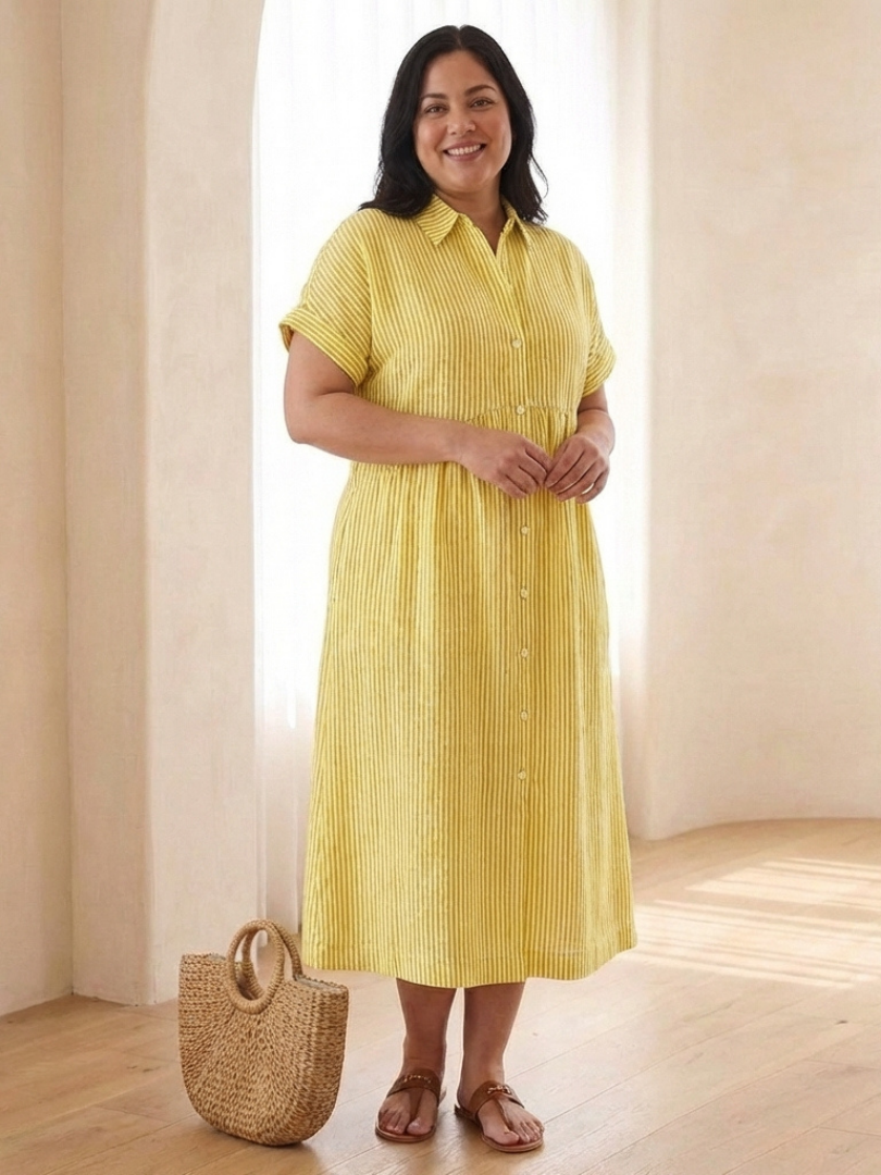 Elegant button front midi dress women striped short sleeve soft style