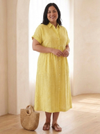 Elegant button front midi dress women striped short sleeve soft style