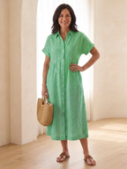 Elegant button front midi dress women striped short sleeve soft style