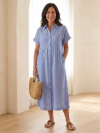 Elegant button front midi dress women striped short sleeve soft style