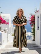 Elegant wrap midi dress women V-neck short sleeve striped chic style