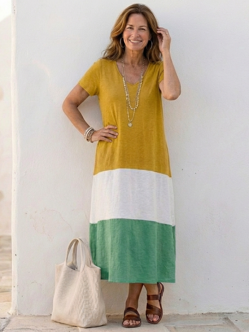 Women color block midi dress V-neck short sleeve lightweight summer style