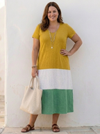 Women color block midi dress V-neck short sleeve lightweight summer style