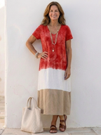 Women color block midi dress V-neck short sleeve lightweight summer style