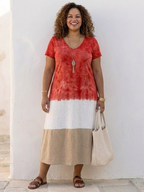 Women color block midi dress V-neck short sleeve lightweight summer style