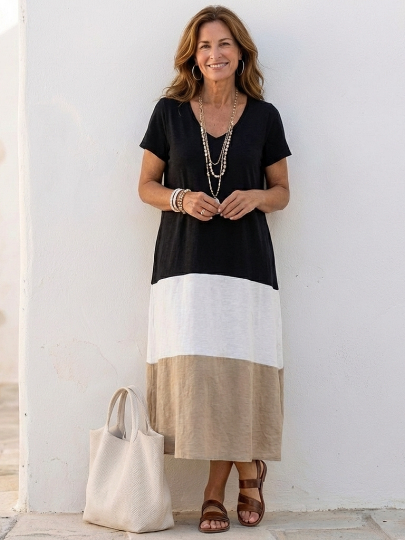 Women color block midi dress V-neck short sleeve lightweight summer style