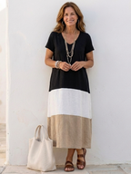 Women color block midi dress V-neck short sleeve lightweight summer style