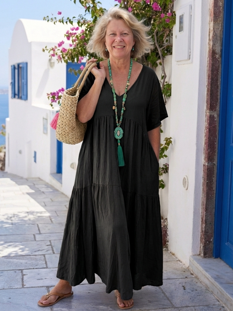 Stylish short sleeve blue maxi dress tiered soft elegant everyday wear
