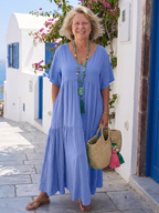 Stylish short sleeve blue maxi dress tiered soft elegant everyday wear