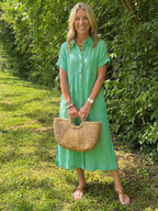 Elegant button front midi dress women striped short sleeve soft style