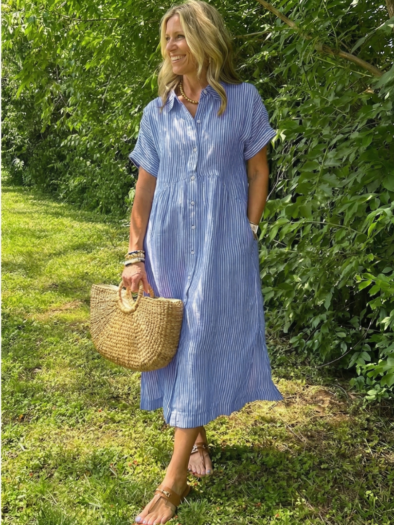 Elegant button front midi dress women striped short sleeve soft style