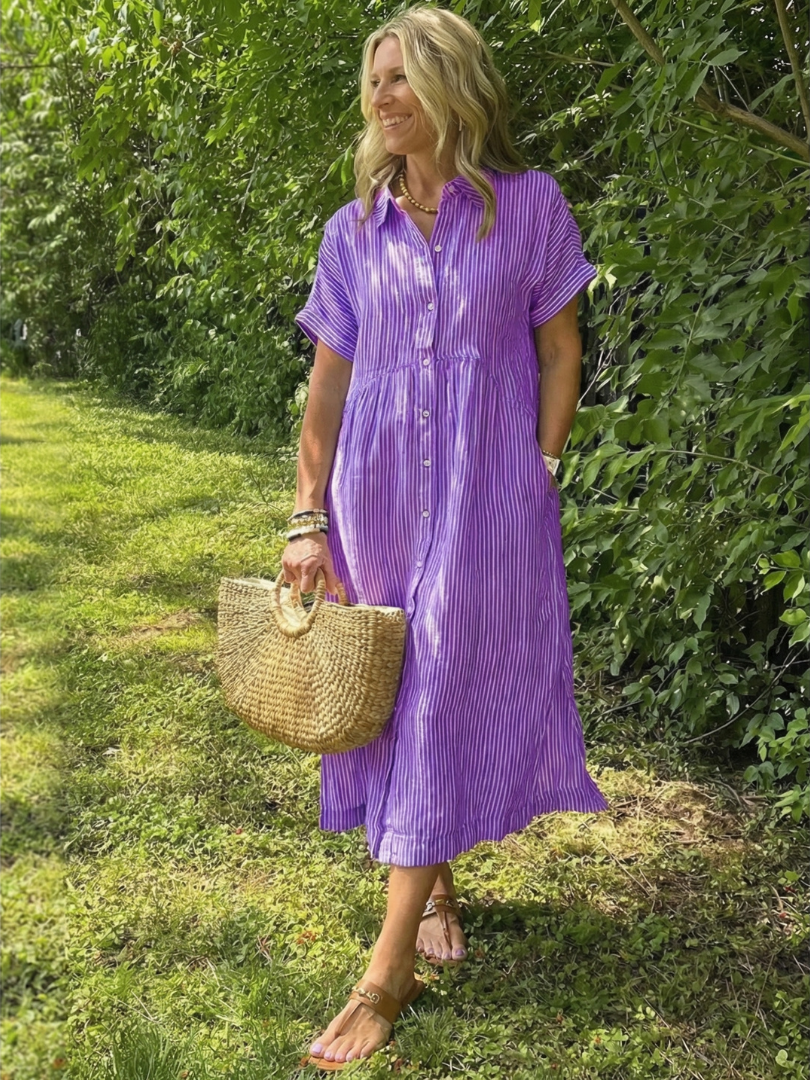 Elegant button front midi dress women striped short sleeve soft style