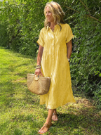 Elegant button front midi dress women striped short sleeve soft style