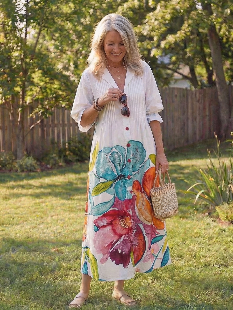 Elegant botanical maxi dress women flowy soft airy comfort