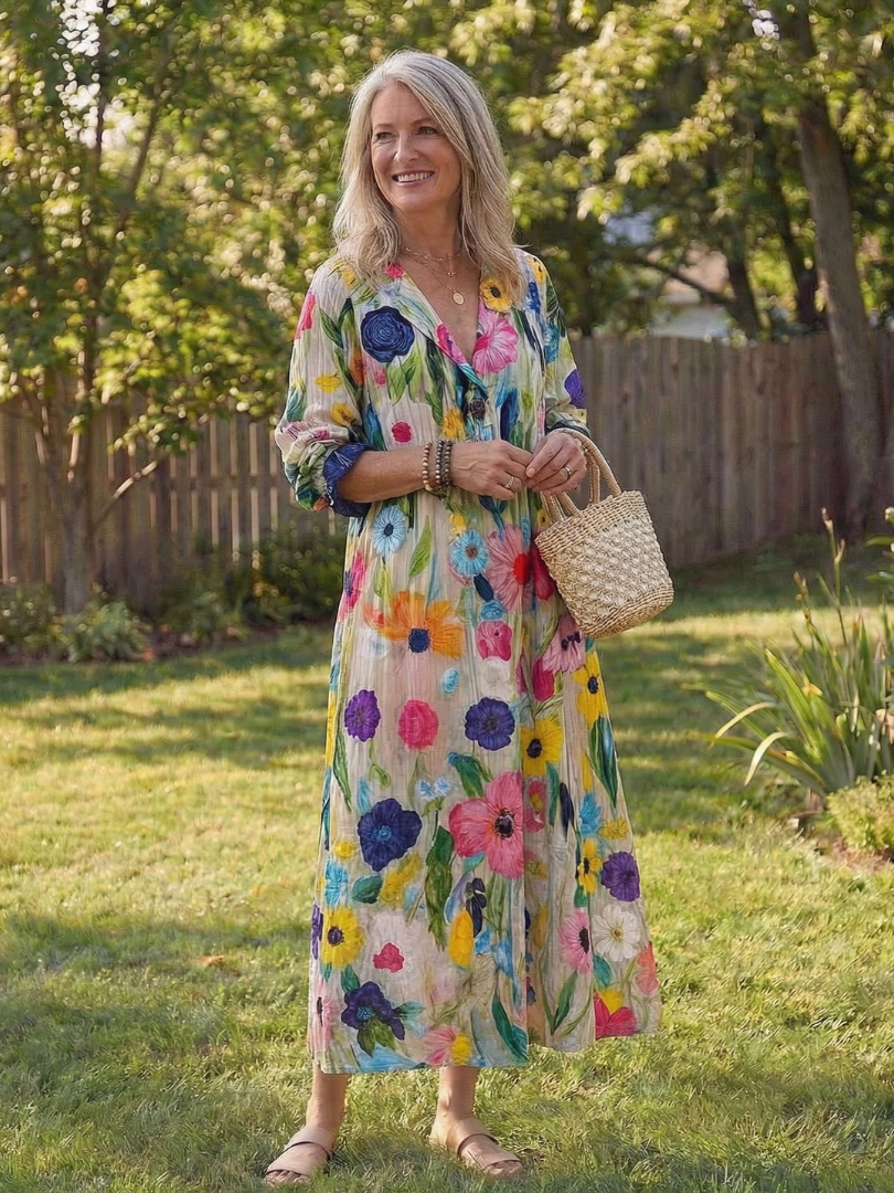 Elegant botanical maxi dress women flowy soft airy comfort