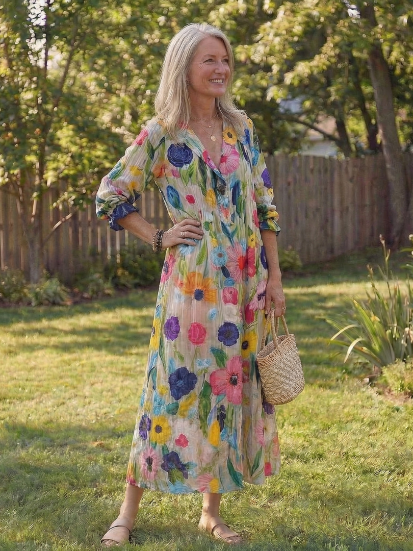 Elegant botanical maxi dress women flowy soft airy comfort