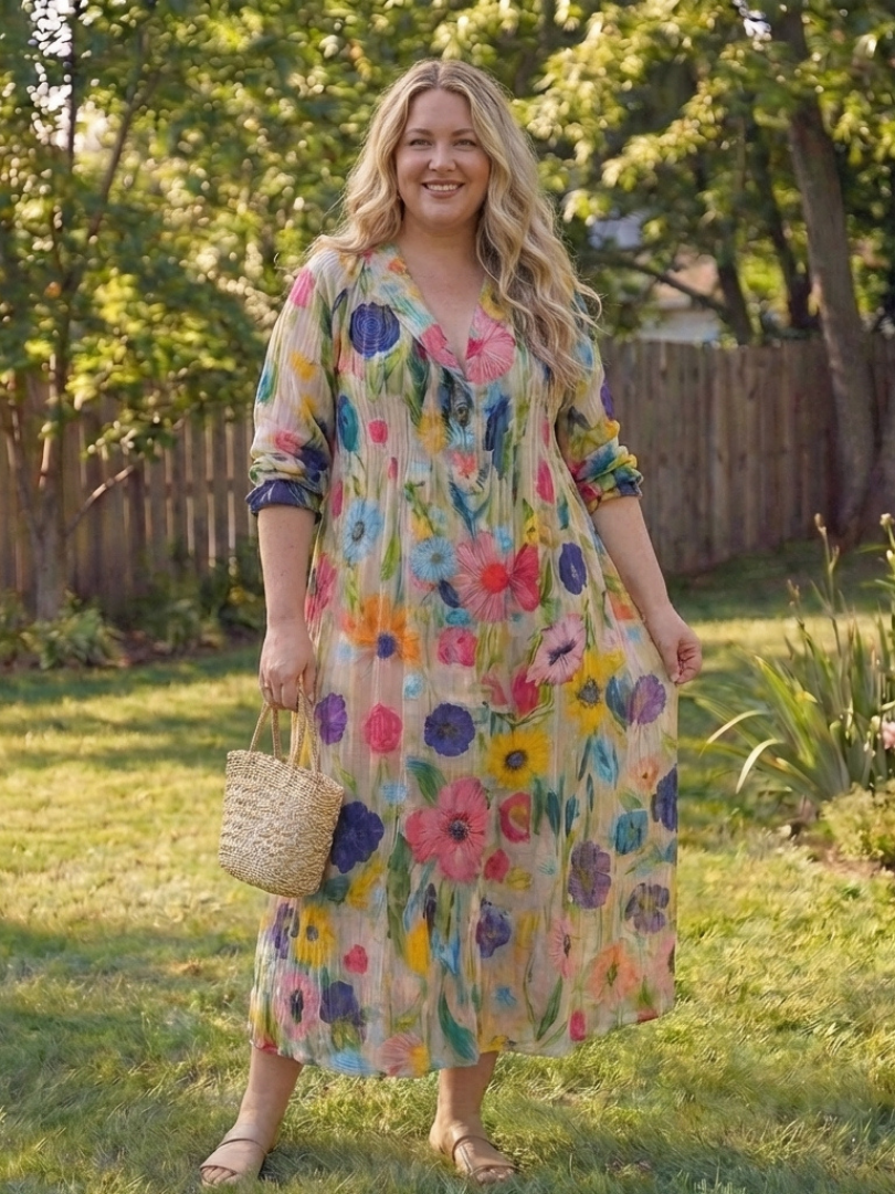 Elegant botanical maxi dress women flowy soft airy comfort