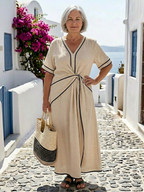 Elegant V-neck gathered waist dress women midi short sleeve chic style